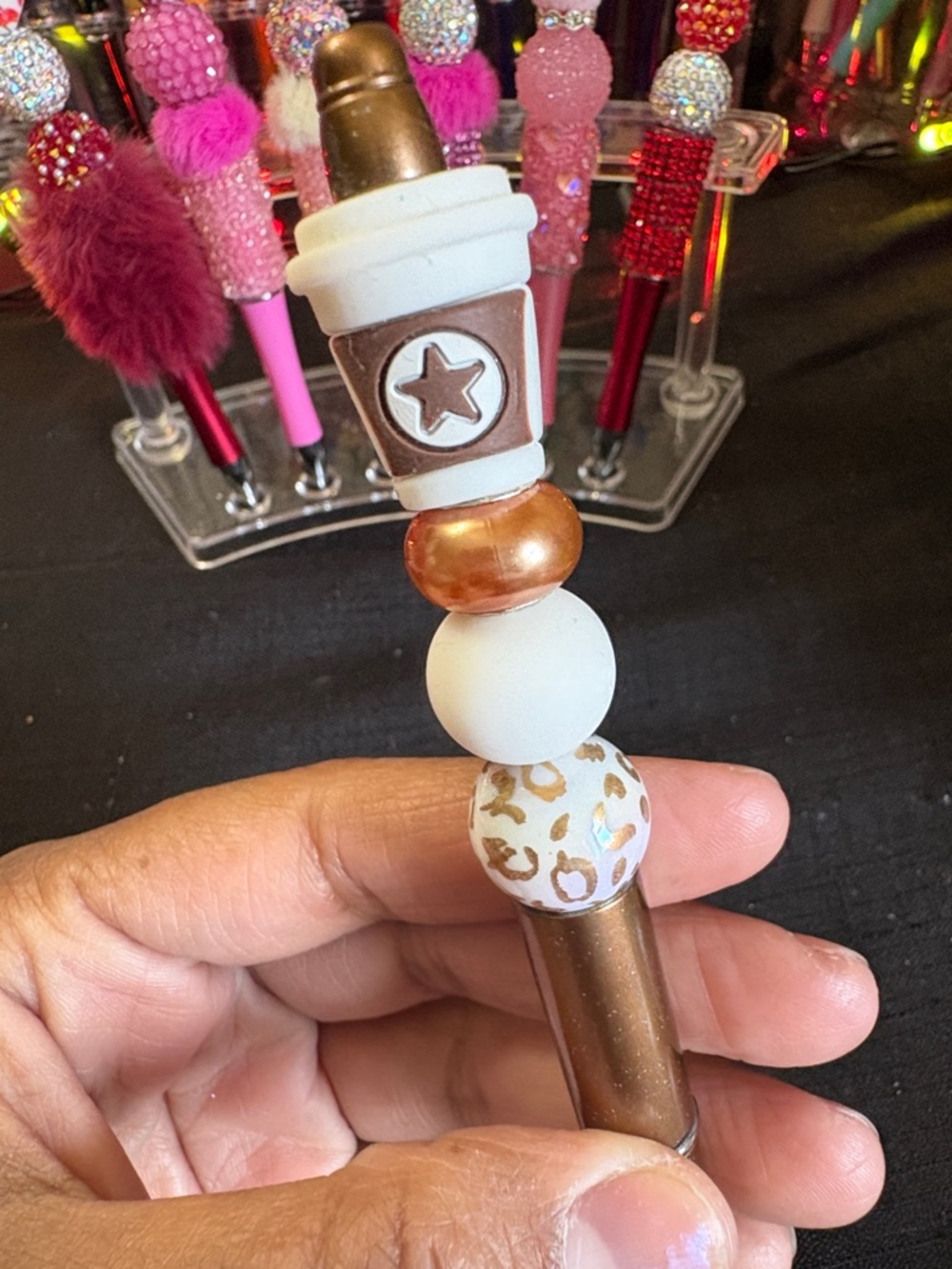 Beaded Coffee Cup Charm Pen - White, Rose Gold & Leopard